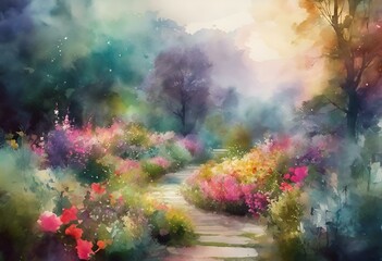 a painting of a pathway between flowers and trees with a white dog on a leash