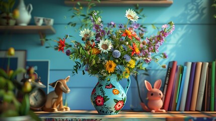 A whimsical, animal-shaped vase filled with colorful wildflowers, placed on a childa's bookshelf