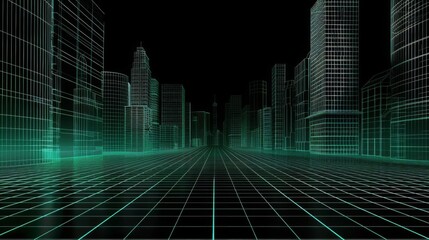 3d rendering of abstract wireframe cityscape with black background in futuristic style.