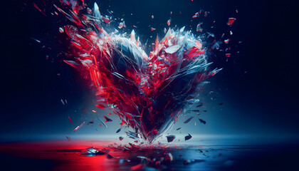 Concept of a heart shattering into more pieces. Fragmented glass heart, with numerous sharp pieces dramatically scattering across a smooth, dark surface. - obrazy, fototapety, plakaty