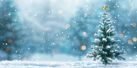 Fototapeta na wymiar Petite Christmas tree surrounded by snowdrifts in serene setting