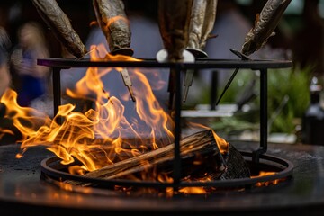 Closeup shot of the grill of fishes with open fire on a blurred background