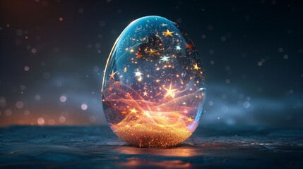 an egg that is glowing with stars in it on a table