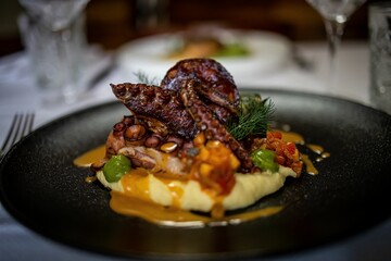 Closeup of grilled octopus dish with sauce on a plate
