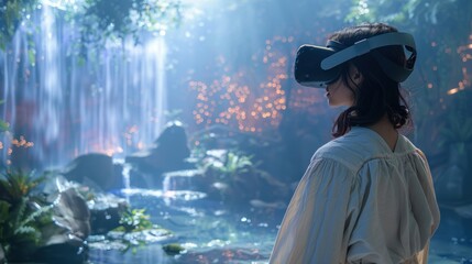 girl wearing virtual reality headset in jungle