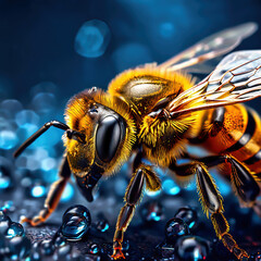 AI-generated illustration of a bee surrounded by water drops