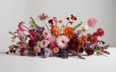 A vibrant floral arrangement is displayed featuring a diverse mix of flowers in shades of pink, red, orange, and purple. The array of color is creatively set against a striking light grey backgro...
