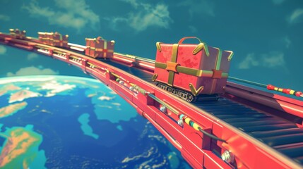 Conveyor belts carrying freight boxes around the world. Global transportation concept. Similar images: