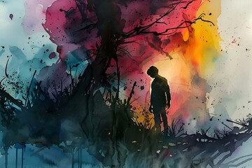 AI generated illustration of a silhouette in a grassy field in watercolor