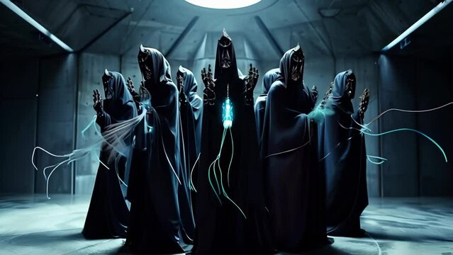 In the center of a dark background, a group of figures clad in black gather facing each other, holding white wire-like lines in their hands. 