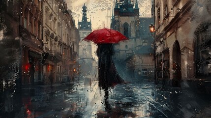 AI generated illustration of a person with a red umbrella walking in rainy city