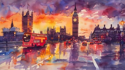 AI generated illustration of a cityscape painting of London - obrazy, fototapety, plakaty