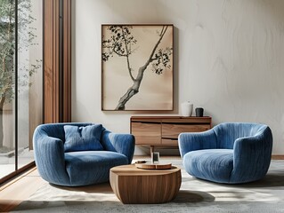 AI-generated illustration of Two adjacent blu couches in front of wooden cabinets
