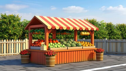 Food market kiosk, farmers shop, farm food stall, fruits and vegetables stand 3d rendering