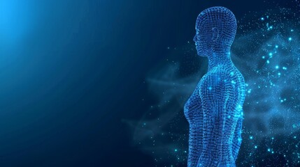 Human model on blue background in technology concept, artificial intelligence. 3d illustration