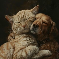 Naklejka na ściany i meble AI generated illustration of a cat and a dog cuddling together