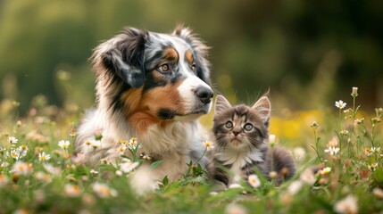 AI generated illustration of A dog sits with a small kitten among wildflowers
