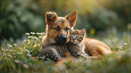 a dog and cat are laying together in the grass under the trees - obrazy, fototapety, plakaty