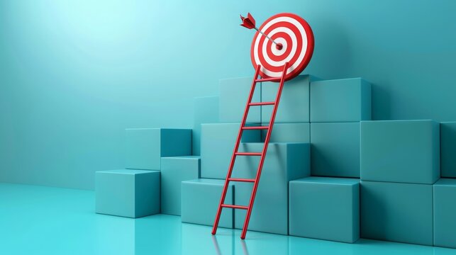 Long red ladder to goal target the business concept on blue pastel color background with shadows  3D rendering