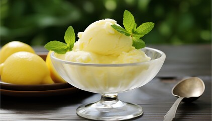 Refreshing and tangy lemon sorbet in a cup on top with mint, cinematic food dessert photography  - obrazy, fototapety, plakaty