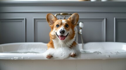 Cute corgi sitting in a bathtub with water on its paws, AI-generated.