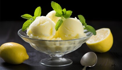 Refreshing and tangy lemon sorbet in a cup on top with mint, cinematic food dessert photography  - obrazy, fototapety, plakaty