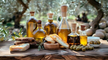 Several bottles of olive oil displayed on a rustic wooden table, AI-generated.