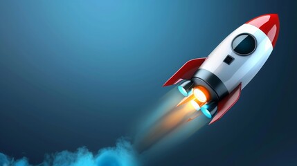 Red and White Cartoon Spaceship Flying on Blue Background with Copy Space 3D Illustration