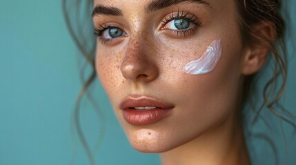 the girl's face is covered with freckled cream - obrazy, fototapety, plakaty