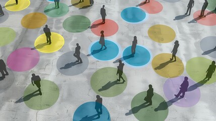 Social distancing concept with 3d high-poly people with multi colored circles on the street. ( 3d render )