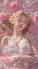 AI-generated illustration of A girl lying in bed of pink flowers