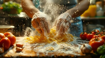 Person kneading pasta with tomatoes on a wooden surface, AI-generated. - obrazy, fototapety, plakaty