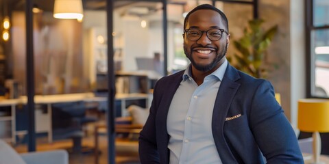 Smiling African American male entrepreneur with crossed arms in a stylish workspace. - obrazy, fototapety, plakaty
