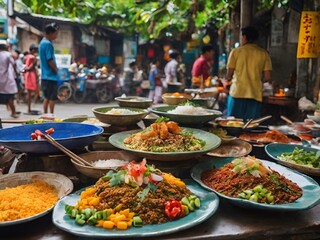 many plates full of different types of food on the street