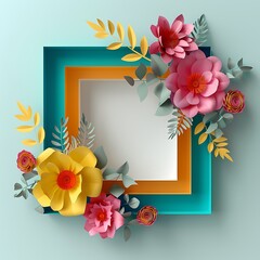 3d render, digital illustration, abstract frame, colorful paper flowers, quilling craft, handmade festive decoration, vivid floral background, mint pink yellow, rectangular card templat