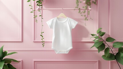 Baby short sleeve bodysuit mockup, lovely baby bodysuit mockup on pink wall hanger