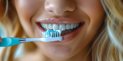 young blonde woman brushing her teeth, toothbrush, and dental for wellness, fresh breath, and tooth whitening in her morning routine. Oral care with orthodontics and hygiene