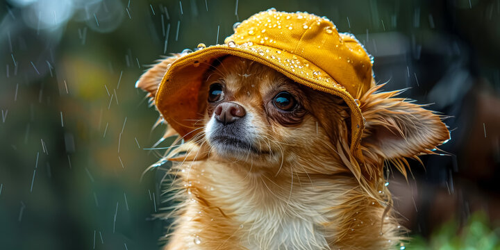 chihuahua wearing a rain hat, in the rain