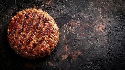 Fotobehang cooked hamburger meat on a dark background, top view © ASHFAQ