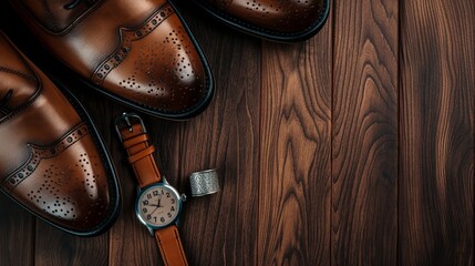 a pair of brown shoes with an orange band next to a watch
