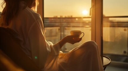 woman in a robe with a cup sitting near a window