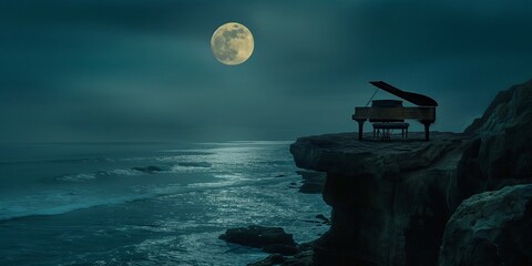 an artistic image of a grand piano on top of a cliff next to the ocean - obrazy, fototapety, plakaty