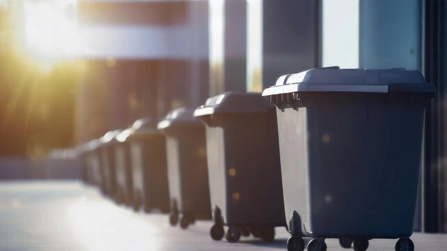 a long line of garbage containers in a row lined up