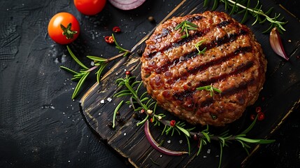cooked hamburger meat on a dark background, top view