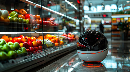 Futuristic robot consultant  helps in customer service in modern grocery store. Robot is preparing to serve customer. Cozy atmosphere with goods neatly laid out on shelves, blurred background. - obrazy, fototapety, plakaty