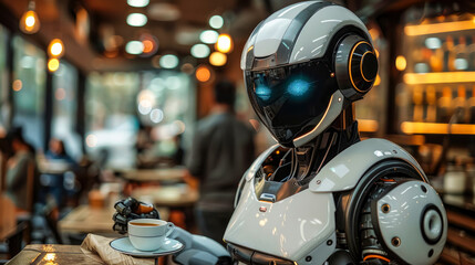 Fototapeta premium Futuristic robot waiter helps in customer service in modern cozy cafe. The robot is holding cup of coffee. Cozy atmosphere, blurred background with bokeh.