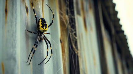 Closeup of one poisonous yellow and black spider insect predator animal outdoors. Creepy dangerous bug creature, copy space