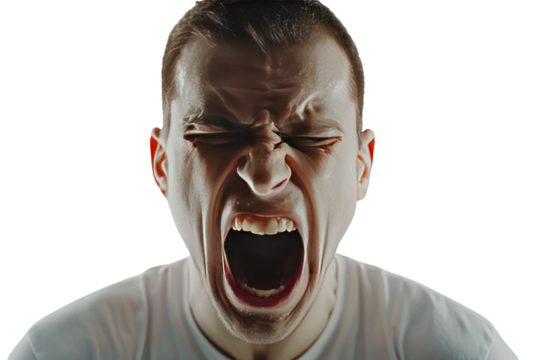 Anger, angry face, shouting about recession, Isolated on a transparent background.