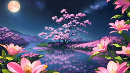 Fototapeta na wymiar AI generated illustration of moonlit night with Serenaviva flowers and trees
