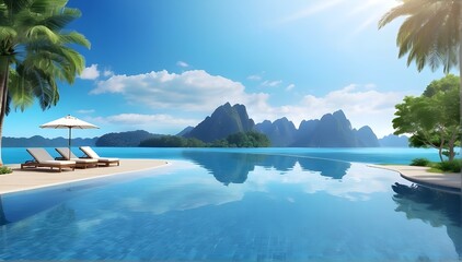 Swimming pool overlooking view andaman sea mountains and blue sky background,summer holiday background concept.